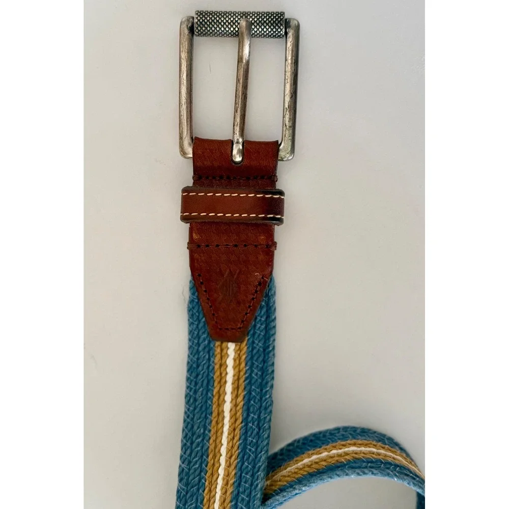 Martin‎ Dingman Old Money Sz 35 Preppy Woven Canvas & Italian Leather Belt Blue